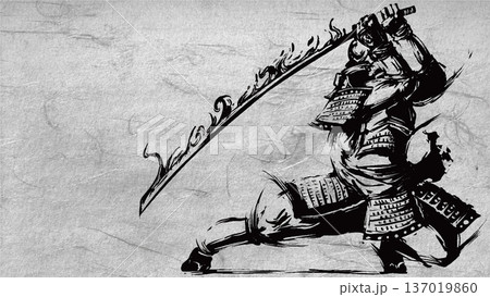刀を構える侍の墨絵イラスト 137019860