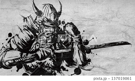 刀を拭う侍の墨絵イラスト 刀を拭う侍の墨絵イラスト 137019861
