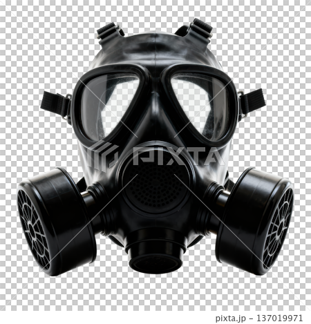 Menacing black gas mask for protection and safety from chemical hazard, pollution and warfare transparency background 137019971