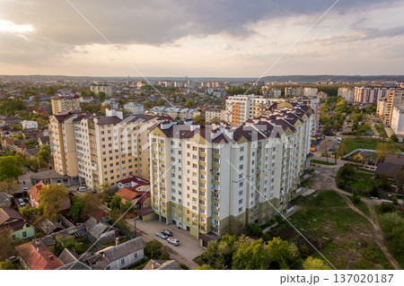 Aerial view of multistory apartment buildings in green residential area. 137020187