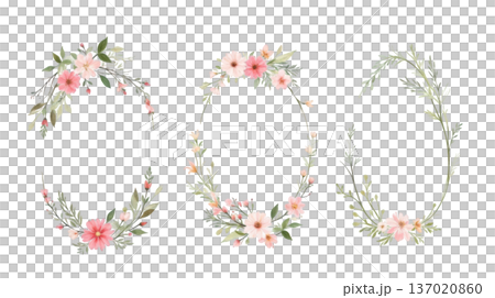 Beautiful set of romantic floral watercolor wreath frame arrangements with pink flower for gentle greeting card 137020860