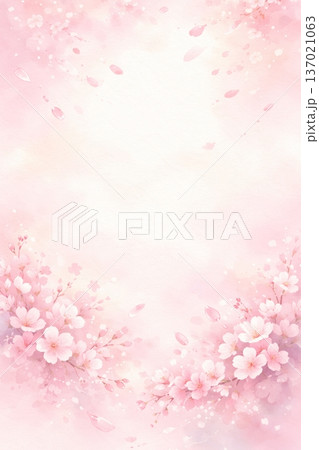 桜の水彩風背景素材 和紙テクスチャ 中央コピースペース 春のピンク 縦 137021063