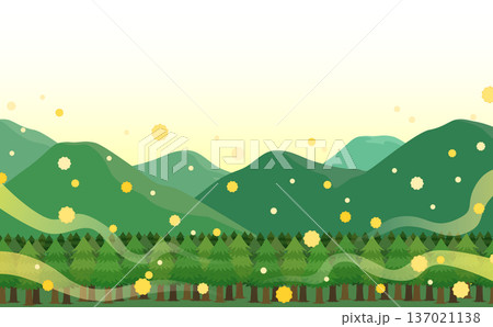 飛散する花粉とスギ並木と山並みのイラスト_横 飛散する花粉とスギ並木と山並みのイラスト_横 137021138