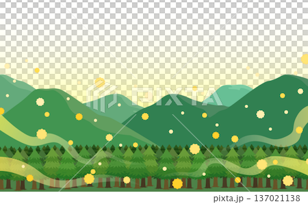 飛散する花粉とスギ並木と山並みのイラスト_横 飛散する花粉とスギ並木と山並みのイラスト_横 137021138