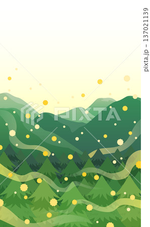 飛散する花粉とスギ並木と山並みのイラスト_縦 137021139