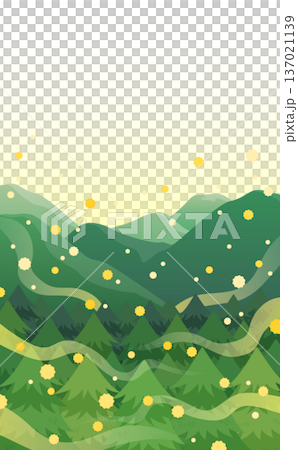 飛散する花粉とスギ並木と山並みのイラスト_縦 137021139