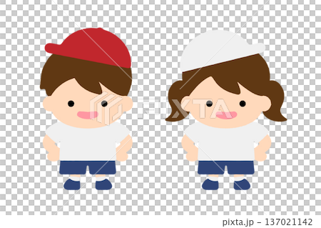 Cute children's boys and girls set, kindergarten, nursery school, gym clothes, kindergartener, character illustration Cute children's boys and girls set, kindergarten, nursery school, gym clothes, kindergartener, character illustration 137021142