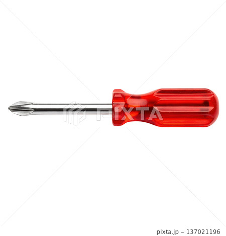 Single red phillips screwdriver, useful hand tool with plastic handle for repair and construction work 137021196