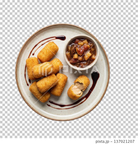 Fried croquette snack appetizer plate, golden breadcrumb crust, rich creamy filling, sweet fruit chutney dip 137021207