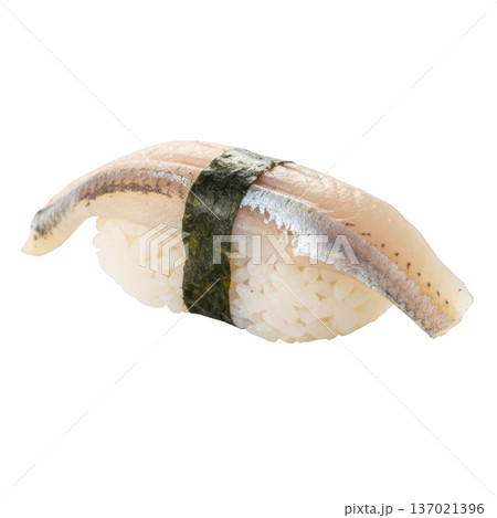 Sushi nigiri fish rice seaweed band minimal style single sushi nigiri closeup shot 137021396