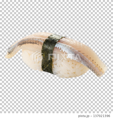 Sushi nigiri fish rice seaweed band minimal style single sushi nigiri closeup shot 137021396
