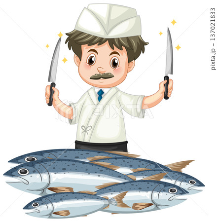 Cartoon Japanese Sushi Chef Holding Knives with Fresh Raw Mackerel Fish Cartoon Japanese Sushi Chef Holding Knives with Fresh Raw Mackerel Fish 137021833