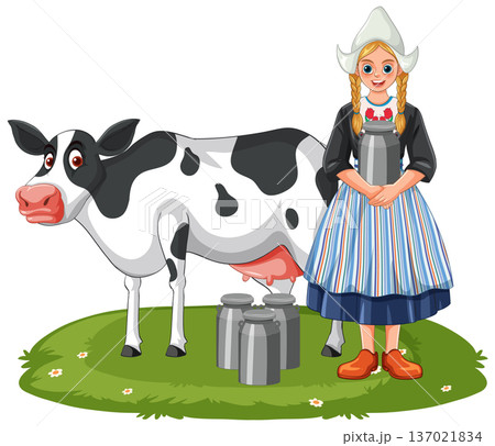 Dairy Farmer Girl with Cow and Milk Cans Outdoors Dairy Farmer Girl with Cow and Milk Cans Outdoors 137021834