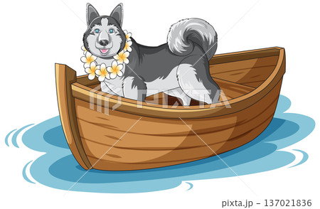 Siberian Husky Wearing Flower Lei Standing in a Wooden Rowboat 137021836