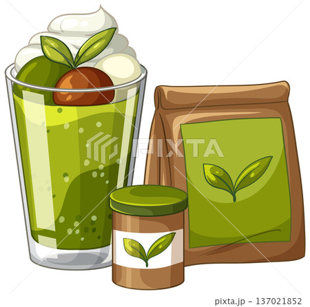 Matcha Green Tea Parfait with Packaging and Powder Jar Illustration 137021852