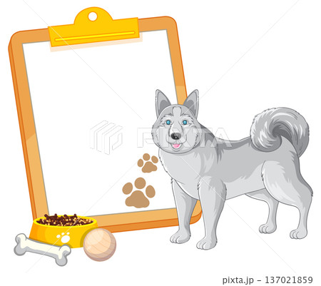 Grey Husky Dog Standing Next to Blank Clipboard with Pet Supplies 137021859