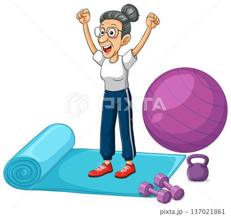 Active Senior Woman Celebrating Fitness Success with Exercise Equipment Vector Illustration Active Senior Woman Celebrating Fitness Success with Exercise Equipment Vector Illustration 137021861