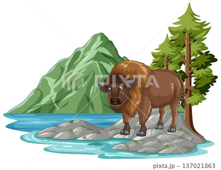 American Bison Standing on Rocks Near Mountain Lake Vector Illustration American Bison Standing on Rocks Near Mountain Lake Vector Illustration 137021863