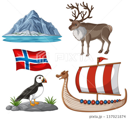 Norway Cultural and Natural Symbols Vector Illustration Set on White Background 137021874