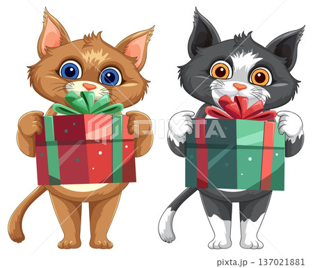 Two Cute Cartoon Cats Holding Wrapped Gift Boxes with Bows 137021881