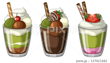 Three Assorted Parfait Desserts with Matcha Chocolate and Strawberry Toppings 137021882