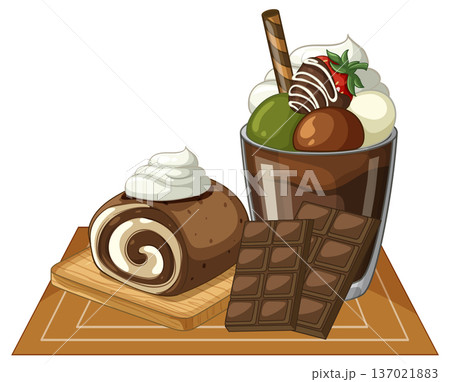 Chocolate Swiss Roll Cake with Parfait and Dark Chocolate Bars Chocolate Swiss Roll Cake with Parfait and Dark Chocolate Bars 137021883