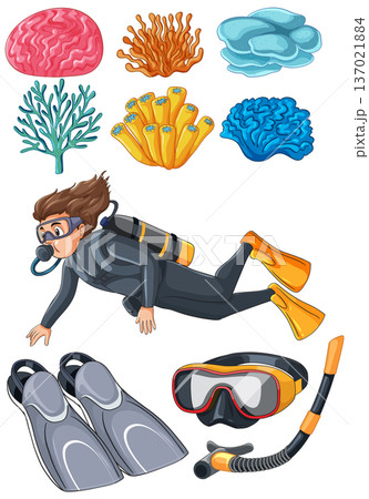 Scuba Diver and Underwater Coral Reef Elements Vector Set Scuba Diver and Underwater Coral Reef Elements Vector Set 137021884