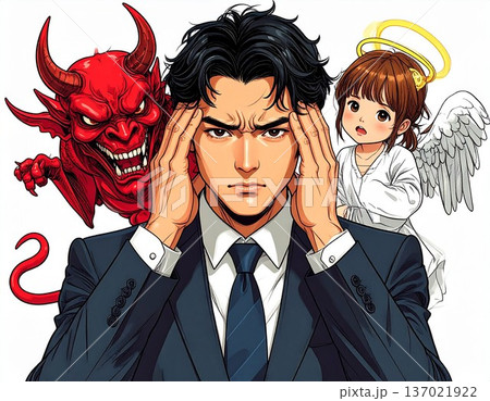 悩むビジネスマンと天使と悪魔 悩むビジネスマンと天使と悪魔 137021922