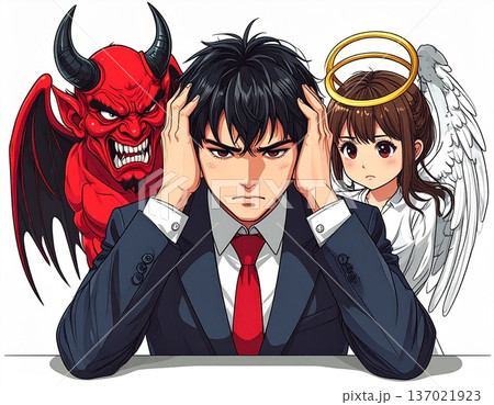 悩むビジネスマンと天使と悪魔 137021923