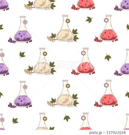 Seamless Pattern with Currant Berries Lab Flasks on White Background. Organic Science and Pharmacy Backdrop. Modern scientific eco-cosmetics, and healthy nutrition template. Square Vector illustration 137022026