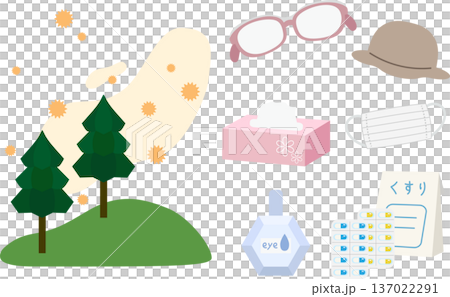 花粉症対策アイテムのイラストセット(花粉・眼鏡・ティッシュ・帽子・マスク・目薬・薬) 花粉症対策アイテムのイラストセット(花粉・眼鏡・ティッシュ・帽子・マスク・目薬・薬) 137022291