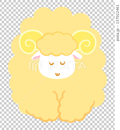 一隻鞠躬的綿羊插畫，可用於表達感激或問候。形象簡潔活潑的動物角色。白色背景，黃色圖案。 137022461