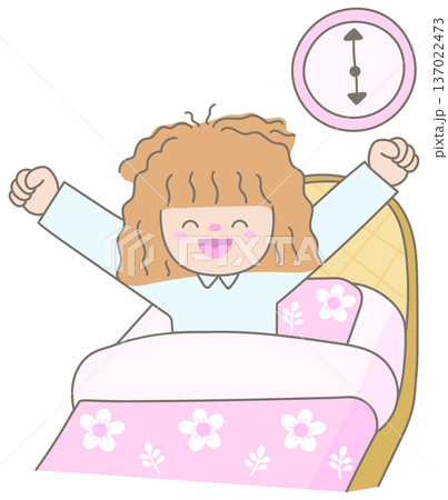 Cute Woman with Messy Hair Waking Up in Pajamas on Floral Bedding with Wall Clock Morning Routine Concept Cute Woman with Messy Hair Waking Up in Pajamas on Floral Bedding with Wall Clock Morning Routine Concept 137022473