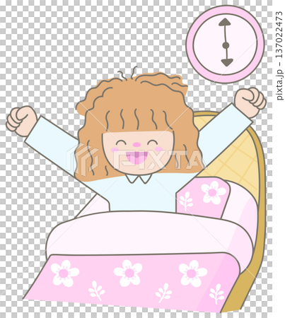 Cute Woman with Messy Hair Waking Up in Pajamas on Floral Bedding with Wall Clock Morning Routine Concept Cute Woman with Messy Hair Waking Up in Pajamas on Floral Bedding with Wall Clock Morning Routine Concept 137022473