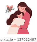 Mother s Day card. Happy mother hugging her daughter on an isolated transparent background. Flat vector illustration. Concept of family relationships and raising children. 137022497