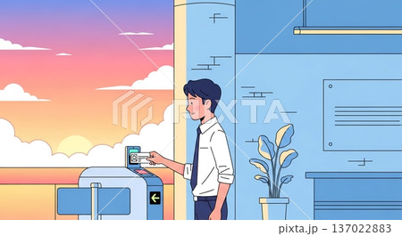 笑顔でIDカードをかざし改札を通るビジネスマン 137022883