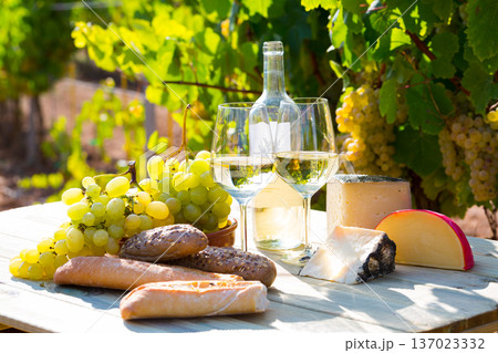 White wine with cheese, bread and grapes in vineyard 137023332