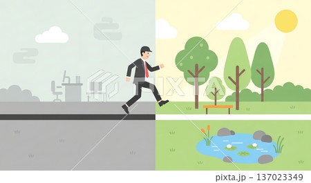 灰色オフィスから緑豊かな公園へ向かう男性 137023349