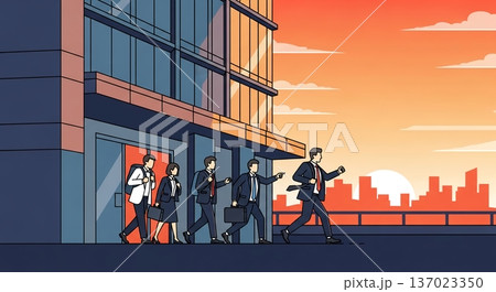 夕焼けの街へ向かうビジネスパーソンの列 137023350