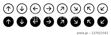 上下左右と斜めの丸囲みのシンプルな矢印アイコン16点セット (ベクター) 137023381