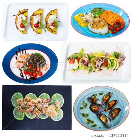 Dishes with different seafood at plates isolated on white background Dishes with different seafood at plates isolated on white background 137023514