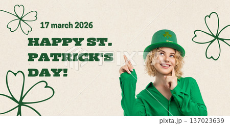 Young woman celebrates St Patricks Day with a playful pose Young woman celebrates St Patricks Day with a playful pose 137023639