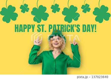 Young woman celebrates St Patricks Day with green outfit Young woman celebrates St Patricks Day with green outfit 137023640