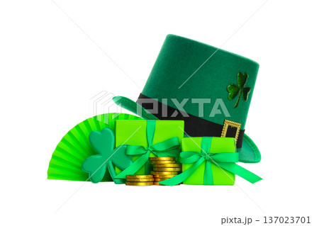 Green hat with gifts and gold coins, isolated, PNG Green hat with gifts and gold coins, isolated, PNG 137023701