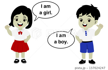 Cartoon illustration of Thai student boy and girl in school uniform introducing themselves, cute children with speech bubbles saying I am a girl and I am a boy on white background for education Cartoon illustration of Thai student boy and girl in school uniform introducing themselves, cute children with speech bubbles saying I am a girl and I am a boy on white background for education 137024247