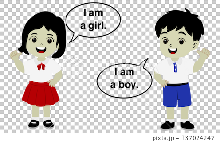 Cartoon illustration of Thai student boy and girl in school uniform introducing themselves, cute children with speech bubbles saying I am a girl and I am a boy on white background for education 137024247