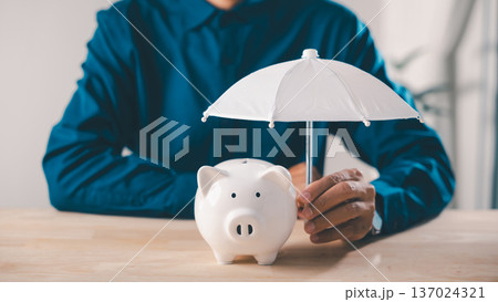 financial insurance concept risk umbrella protect piggy bank money growth, person holding small white canopy for security, building wealth savings finance investment plan collage 137024321