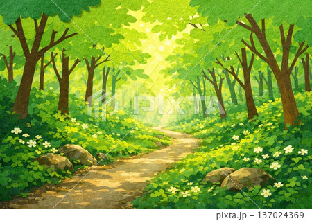 森林風景 森の小道 森林浴 木漏れ日イメージ 貼り絵風のイラスト素材