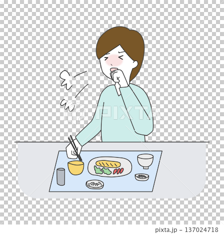 Hand-drawn illustration of a woman coughing while eating Hand-drawn illustration of a woman coughing while eating 137024718