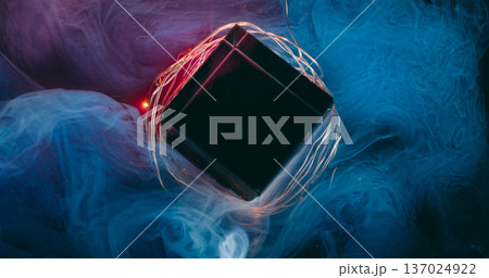 Haze color wave. Art glass cube. Purple blue paint defocused cloud flow on garland light. Abstract steam blend on black background. 137024922